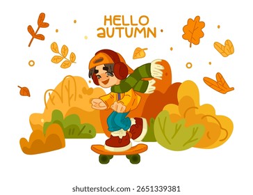 Autumn Childhood Skating Illustration Scene. Smiling boy skateboarding in autumn clothes among falling leaves and colorful bushes. Cartoon flat style with warm seasonal colors and dynamic composition.
