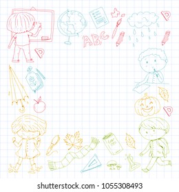 Autumn children Back to school Halloween Boys and girls Doodle school and kindergarten Kids drawing style Playground. Play and study