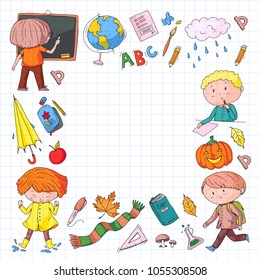 Autumn children Back to school Halloween Boys and girls Doodle school and kindergarten Kids drawing style Playground. Play and study