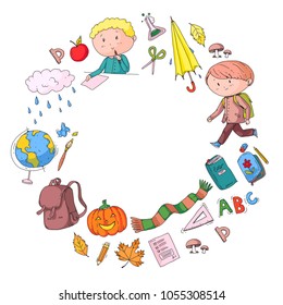 Autumn children Back to school Halloween Boys and girls Doodle school and kindergarten Kids drawing style Playground. Play and study