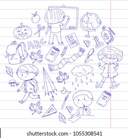 Autumn children Back to school Halloween Boys and girls Doodle school and kindergarten Kids drawing style Playground. Play and study