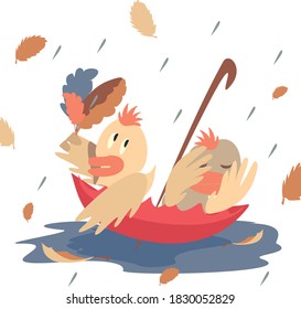 Autumn. For children. Ducks. Umbrella. Rain. Leaves. Vector image for printing and textiles.
