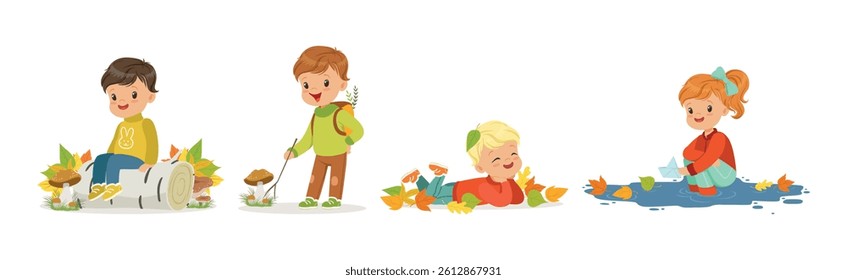 Autumn Children Enjoy Outdoor Seasonal Activity Vector Set