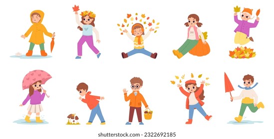 Autumn children gathering leaves, walking and play. Rainy weather season child with umbrella. Fall happiness, cartoon kids snugly vector characters
