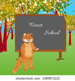 It's autumn. The children go back to school. Babies of animals also go to the forest school. There teaches them a teacher fox. Vector illustration.