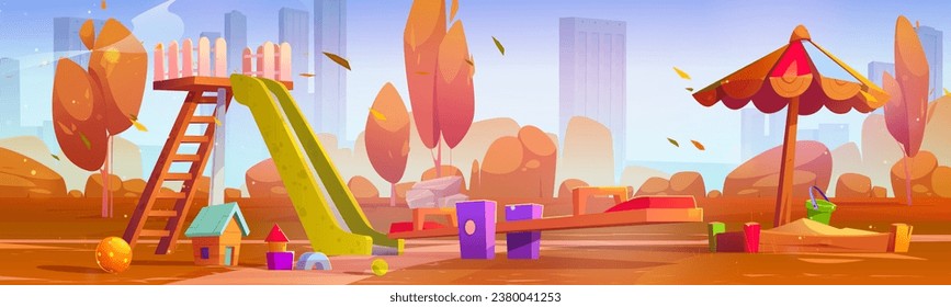 Autumn children playground in park vector background. Sunny fall kindergarten outdoor equipment for playtime with sandbox, ball, seesaw, swing and slide. Outside preschool yard with falling leaves