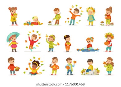 Autumn children s outdoor seasonal activities set. Collecting leaves, playing and throwing leaves, picking mushrooms, walking. Flat cartoon vector.