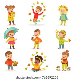 Autumn children s outdoor seasonal activities set. Collecting leaves, playing and throwing leaves, picking mushrooms, walking. Flat cartoon vector.