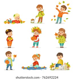 Autumn children s outdoor seasonal activities set. Collecting leaves, playing and throwing leaves, picking mushrooms, holding a pumpkin. Flat vector.