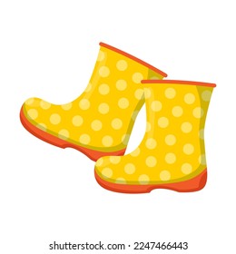 Autumn childrens rubber boots with polka dots isolated on white background. Autumn camping element vector illustration. Clothes, autumn concept