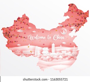 Autumn in China with map concept and chinese famous landmarks in paper cut style vector illustration. Travel poster, postcard and advertising design.