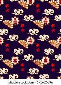 Autumn chinese or japanese seamless pattern with pagoda, red maple leaf and fan.