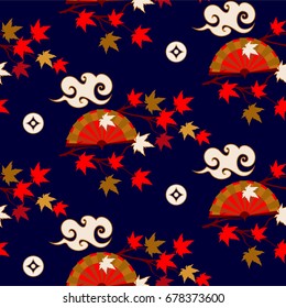 Autumn Chinese and Japanese seamless pattern with red maple leaf and fan.
