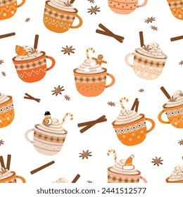 Autumn Christmas cute mugs seamless pattern with hot cocoa or coffee sweet cream, gingerbread cookies candy canes, cinnamon sticks and vanilla flowers Decorative ornamental holiday coffee cups texture