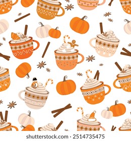 Autumn Christmas cute mugs seamless pattern with hot cocoa or coffee sweet cream, gingerbread cookies candy canes, cinnamon sticks and vanilla flowers Decorative ornamental holiday coffee cups texture