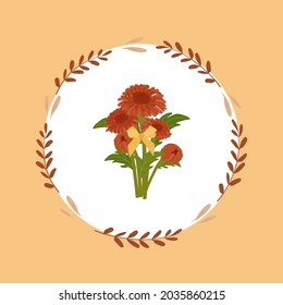 Autumn chrysanthemums with green leaves on beige background. Autumn flowers. Vector illustration