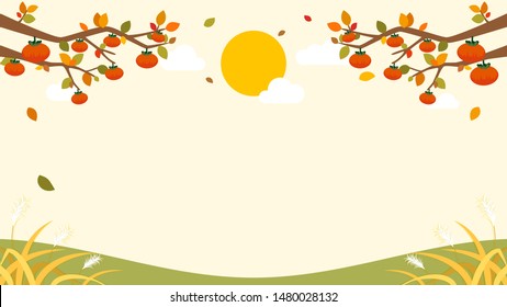 Autumn Chuseok Background vector illustration. Persimmon trees frame with copy space