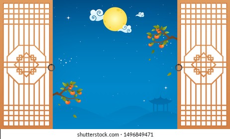 Autumn Chuseok Background vector illustration. Traditional Korean door with night view and copy space