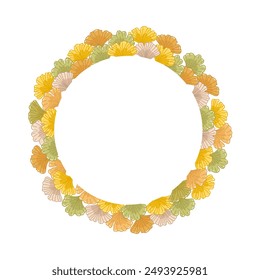 Autumn circle frame of ginkgo biloba leaves. Floral wreath isolated on white background. Fall design at soft and soothing abstract leaf, nature inspired