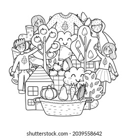 Autumn Circle Shape Pattern. Fall Mandala Coloring Page. Black And White Print With Harvesting Kids, Sweater, Cloud. Vector Illustration