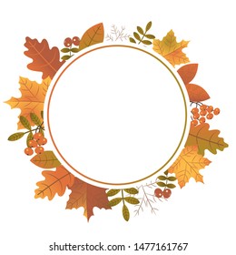 Autumn circle template in white background. Autumn decoration elements for banner, sales, card and invitation with leaves.