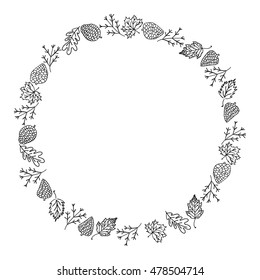 Autumn circular composition. autumn background. fir branches, acorn, cones and leaves defoliation, maple, oak pattern.