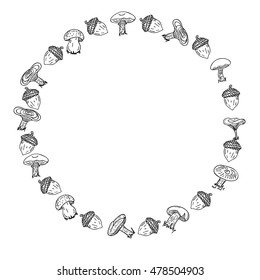 Autumn circular composition. autumn background. Wreath of edible mushrooms  and acorns illustration
