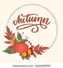 Quadro circular de outono com elementos de queda, incluindo abóbora, bolota, bagas, plantas e folhas para decoração e design sazonal