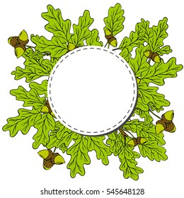 Autumn circular illustration with yellow oak leaves and acorns. Round sticker label with place for text or logo with shadow