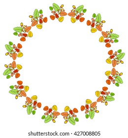 Autumn circular pattern from the leaves of birch, oak and acorns.