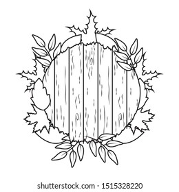 autumn circular wooden frame with leafs decoration vector illustration design
