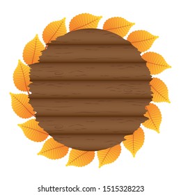 autumn circular wooden frame with leafs decoration vector illustration design