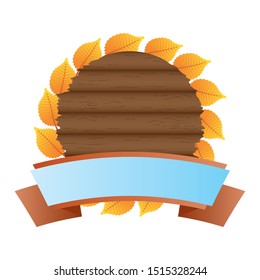 autumn circular wooden frame with leafs and ribbon vector illustration design
