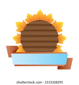 autumn circular wooden frame with leafs and ribbon vector illustration design