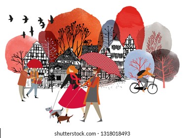 Autumn City activites. Vector flat cartoon. Watercolor vector illustration. 