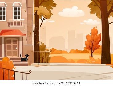 Fondo de la ciudad de otoño con una casa, gato, árboles y paisaje de la ciudad. Ilustración vectorial de otoño de dibujos animados. Plantilla de diseño de estilo plano lindo para el Anuncio, cartel, tarjeta, libro, redes sociales, etc.