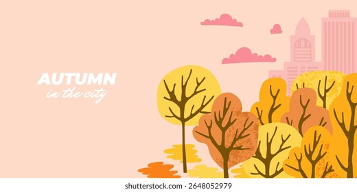 Autumn in the city banner. Trendy background, poster, card with trees, building illustration on delicate pink color. Modern style of fall season. Template for advertising, sales, web and social media.