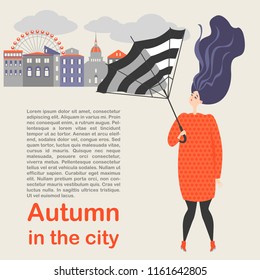 Autumn in the city. Beautiful girl l with an umbrella on a background of a city landscape. Windy day.