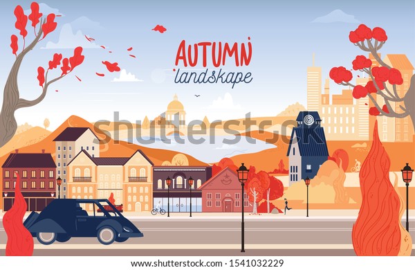 Autumn\
city building houses view skyline  real estate cute town background\
nature concept horizontal banner flat vector illustration on the\
first plane car and cypress, red oak modern\
town
