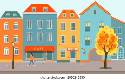 Autumn city in a decorative style. Golden autumn, flying leaves. Street with signs of a shop, cafe. The girl is walking. Design for advertising, website, banner, postcard, wallpaper. Children's design