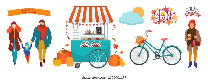 Autumn city flat design elements vector illustration. Fall season town objects and people. Family and young woman with bicycle. Autumn food stand cart. Pumpkins and gourds. Ribbons and text elements.