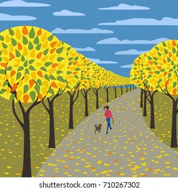 Autumn in city garden poster. Autumnal public park. Indian summer poplar yellow trees. Fall inspiration in colorful cartoon retro style. Girl, dog walking on fallen leaves. Vector vintage illustration