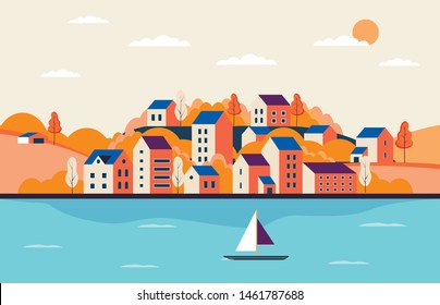 Autumn city landscape with buildings, lake and trees. Background for header images for websites, banners, covers and etc