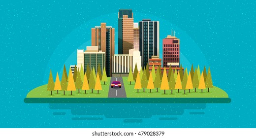 Autumn city landscape with buildings, shop and stores, transport, vector illustration. Yellow and orange trees in autumn park, Flat style background ,for your application , project