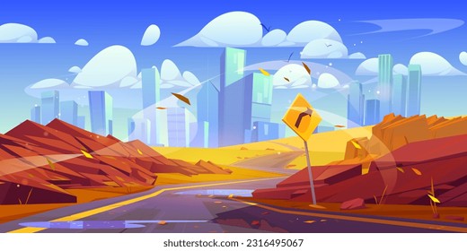 Autumn city landscape, curve road and red rock cartoon vector background. Western highway with windy route to metropolis, flying leaves. Empty urban panorama, turn sign direction to american cityscape