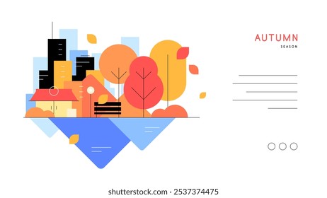 Paisaje de la ciudad del otoño. Gráficos planos, Anuncio de Web. Archivo de Vector.