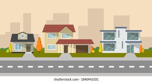 Autumn city landscape. Houses on a street. Autumn season.