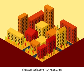 Autumn city landscape isometric vector illustration.