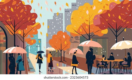 Autumn city landscape with people walking in the street, vector illustration background