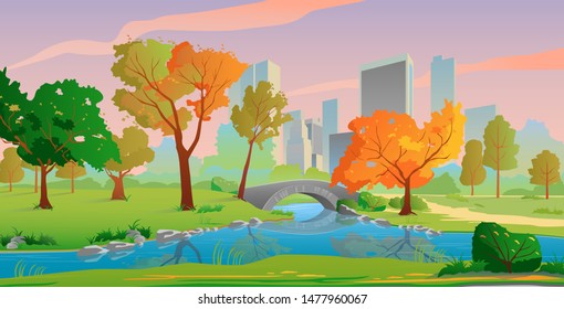 Autumn city landscape with river and yellow trees, beautiful sunset colors.